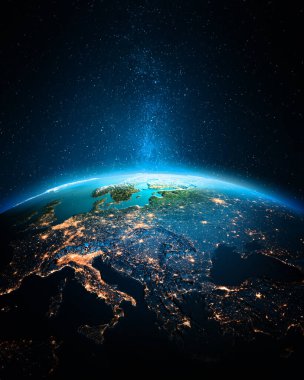 Europe şehir ışıkları. Nasa tarafından döşenmiş bu görüntü unsurları. 3D render