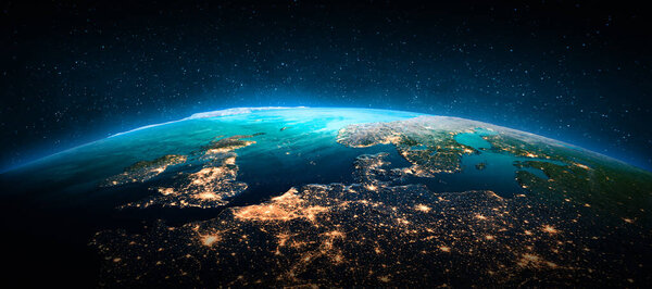 West Europe at night. Elements of this image furnished by NASA. 3d rendering