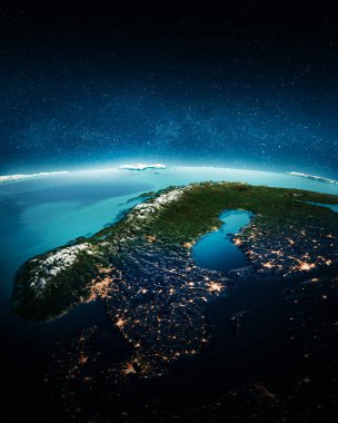 İsveç ve Norveç şehir ışıkları. Bu görüntünün elementleri NASA tarafından döşenmiştir. 3d oluşturma