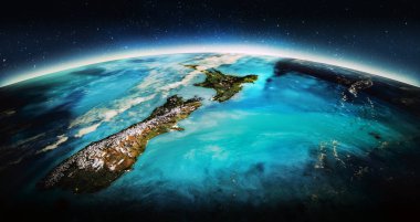 Yeni Zelanda. Üç boyutlu görüntüleme. Bu görüntünün elementleri NASA tarafından desteklenmektedir