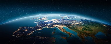 Avrupa gece gündüz. Bu görüntünün elementleri NASA tarafından döşenmiştir. 3d oluşturma