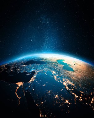Ortadoğu şehri geceleri ışık saçıyor. Bu görüntünün elementleri NASA tarafından döşenmiştir. 3d oluşturma