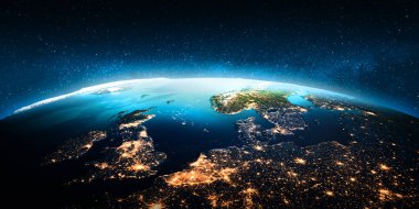 Europe şehir ışıkları. Nasa tarafından döşenmiş bu görüntü unsurları. 3D render