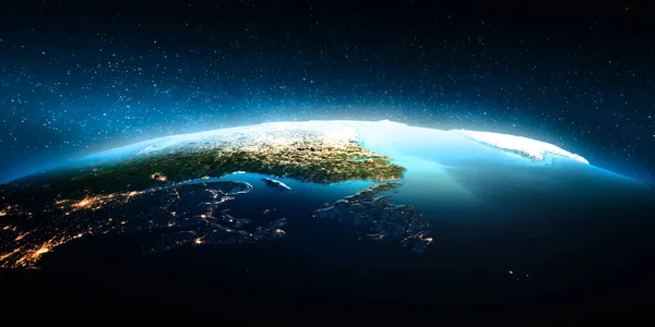 加拿大和格陵兰在夜间 这张照片的内容由Nasa提供 3D渲染 — 图库照片