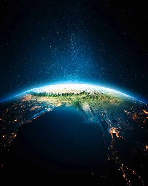 亚洲在夜间 这张照片的元素由美国国家航空航天局提供 3D渲染 — 图库照片