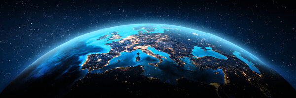 Europe from space city lights. Elements of this image furnished by NASA. 3d rendering