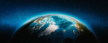 Dünya gezegeni, Kuzey Kutbu. Bu görüntünün elementleri NASA tarafından döşenmiştir. 3d oluşturma