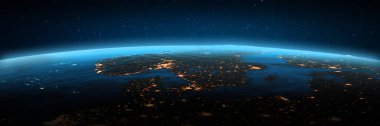 Norveç, İsveç, Danimarka şehir ışıkları. Bu görüntünün elementleri NASA tarafından döşenmiştir. 3d oluşturma