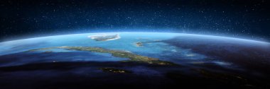 Küba, uzaydan manzara. Bu görüntünün elementleri NASA tarafından döşenmiştir. 3d oluşturma
