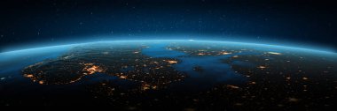 Avrupa, İskandinavya şehir ışıkları. Bu görüntünün elementleri NASA tarafından döşenmiştir. 3d oluşturma
