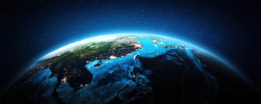 Geceleri Asya, Pasifik Okyanusu. Bu görüntünün elementleri NASA tarafından döşenmiştir. 3d oluşturma