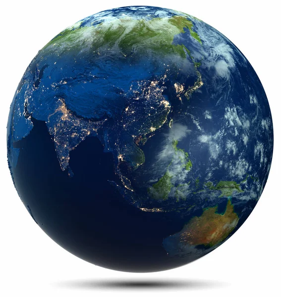 Planeten Jorden Stadsljus Vit Isolerad Delar Denna Bild Tillhandahålls Nasa — Stockfoto