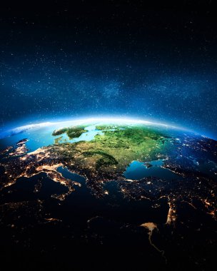 Geceleri Orta Avrupa 'da. Bu görüntünün elementleri NASA tarafından döşenmiştir. 3d oluşturma