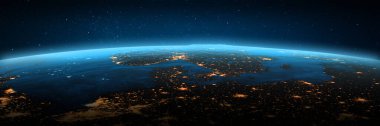 İskandinavya, Batı Avrupa şehir ışıkları. Bu görüntünün elementleri NASA tarafından döşenmiştir. 3d oluşturma