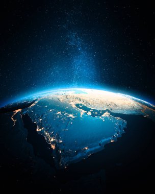 Orta Doğu şehir ışıkları. Bu görüntünün elementleri NASA tarafından döşenmiştir. 3d oluşturma