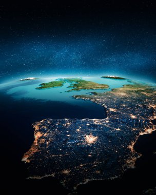 İspanya şehir ışıkları uzaydan geliyor. Bu görüntünün elementleri NASA tarafından döşenmiştir. 3d oluşturma