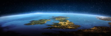 Birleşik Krallık, uzaydan manzara. Bu görüntünün elementleri NASA tarafından döşenmiştir. 3d oluşturma