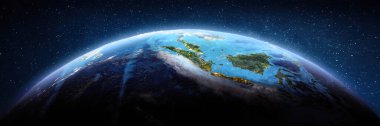 Sumatra ve Java adalarının hava manzarası. Bu görüntünün elementleri NASA tarafından döşenmiştir. 3d oluşturma