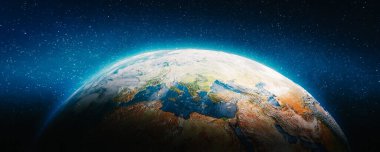 Uzaydan gelen Dünya gezegeni. Bu görüntünün elementleri NASA tarafından döşenmiştir. 3d oluşturma