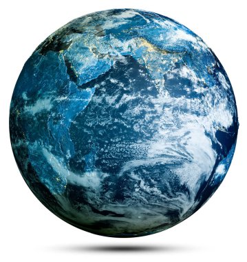 Bulutlar, okyanus ve kıta - Dünya gezegeni. Bu görüntünün elementleri NASA tarafından döşenmiştir. 3d oluşturma