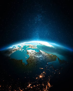 Geceleri Kuzey Kanada 'da. Bu görüntünün elementleri NASA tarafından döşenmiştir. 3d oluşturma