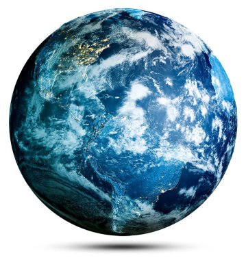 Bulutlar, okyanus ve kıta - Dünya gezegeni. Bu görüntünün elementleri NASA tarafından döşenmiştir. 3d oluşturma