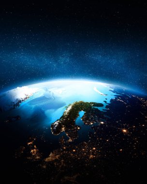 Kuzey Avrupa şehir ışıkları. Nasa tarafından döşenmiş bu görüntü unsurları. 3D render