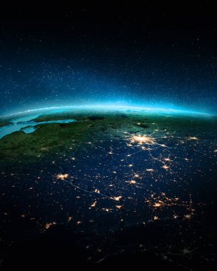 Geceleri Ukrayna ve Rusya. Bu görüntünün elementleri NASA tarafından döşenmiştir. 3d oluşturma
