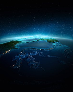 Geceleri Güney Doğu Asya 'da. Bu görüntünün elementleri NASA tarafından döşenmiştir. 3d oluşturma