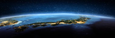 Japonya, uzaydan manzara. Bu görüntünün elementleri NASA tarafından döşenmiştir. 3d oluşturma