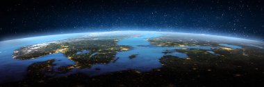 İskandinavya, uzaydan manzara. Bu görüntünün elementleri NASA tarafından döşenmiştir. 3d oluşturma
