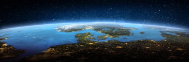 İskandinavya, uzaydan manzara. Bu görüntünün elementleri NASA tarafından döşenmiştir. 3d oluşturma