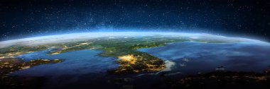 Kore, uzaydan manzara. Bu görüntünün elementleri NASA tarafından döşenmiştir. 3d oluşturma