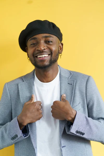 Happy Stylish African American Man Smiling Isolated Yellow Background Young — Stock Photo, Image