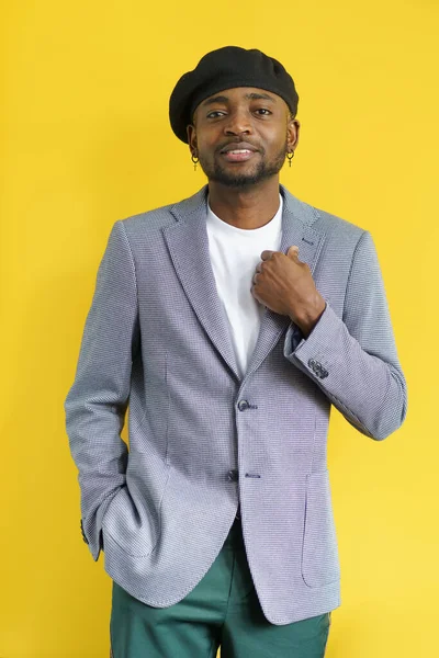 Cool Man Handsome Isolated Yellow Young African Student Holding Suit — Stock Photo, Image