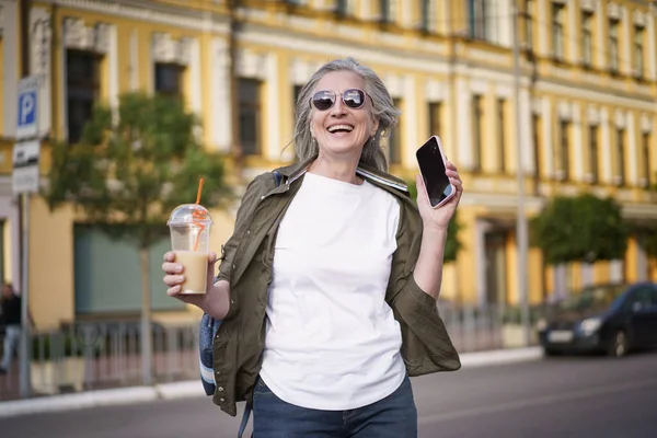 Mature European Woman Enjoys Life Walking City Biohacking Concept Mature — Stok Foto