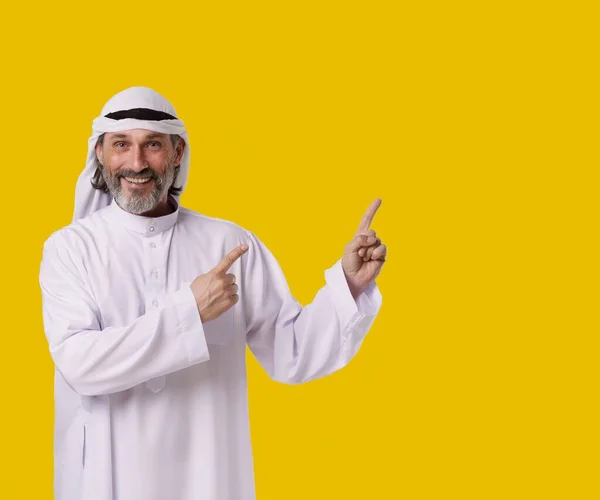 Smiling Arab Man Captures His Cheerful Confident Personalit Points Both — Stock Photo, Image