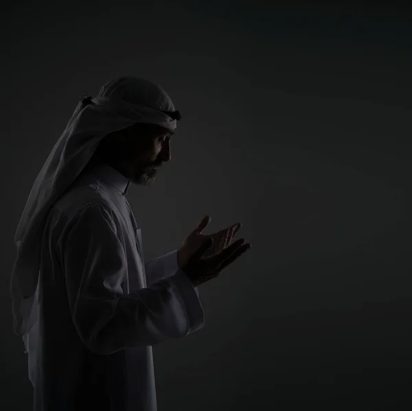 Muslim Arab Man Prayer Raising Hands Face Peaceful Serene Expression — Stock Photo, Image