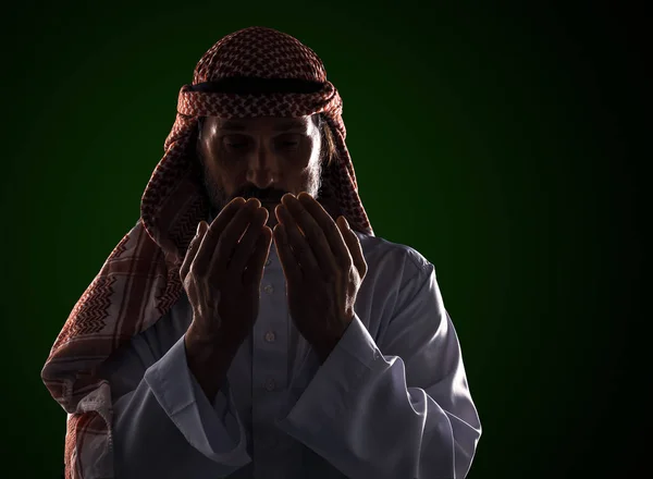 Arab Man Prayer His Palms Front His Face Conveys Devotion — Stock Photo, Image