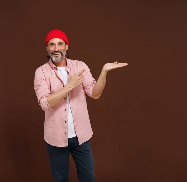 Product Placement Concept Friendly Bearded Handsome Man Points His Hand — Stock Photo, Image