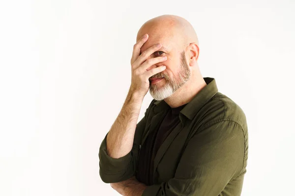 Mature Man Silver Beard Moment Frustration Disbelief Puts Hand Face — Stock Photo, Image