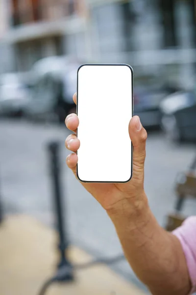 Close Mans Hand Holding Mobile Phone White Screen Display Menawarkan — Stok Foto