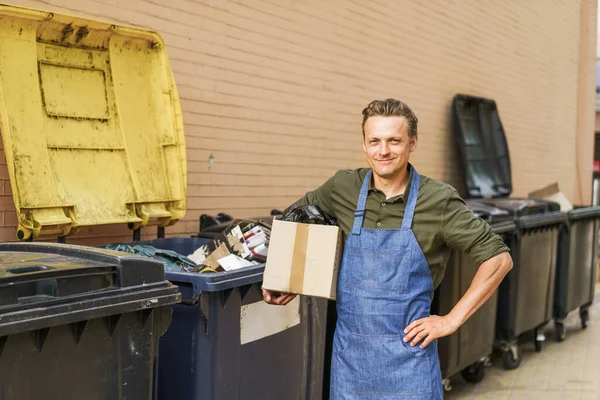 Garbage Sorting Blond Smiling Man Wearing Blue Apron Man Holds — Stock Photo, Image