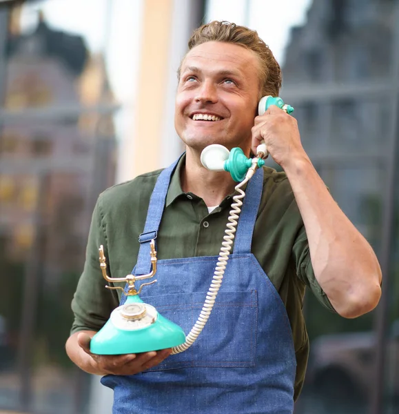Restaurant Service Administrator Waiter Receiving Clients Call Old Fashioned Phone — Stock Photo, Image
