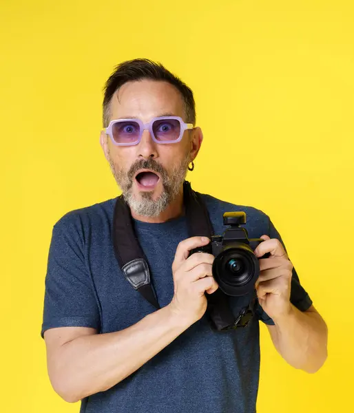 Passionate Old Photographer Beams Excitement Holding Mirrorless Photo Camera Isolated — Stock Photo, Image