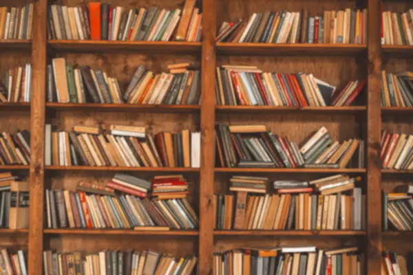 Wooden Shelf Diisi Dengan Buku Disajikan Perpustakaan Dengan Tampilan Depan — Stok Foto