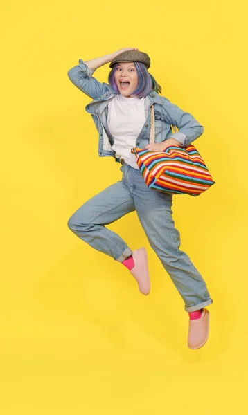 Shopping Children Teenagers Happy Girl Jumps Bag Full Toys Goods — Stok Foto