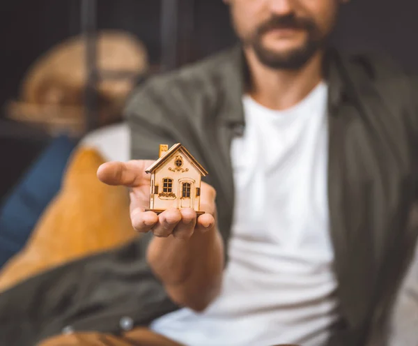 Man Holding Small Wooden House His Hand Stock Image