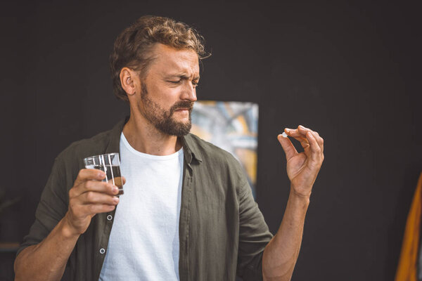 Man Holding Pill Medicine His Hand Stock Image