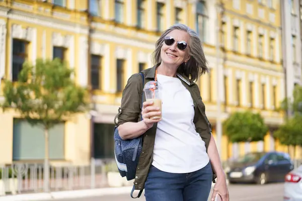 Female Pedestrian Strolling Street While Holding Beverage Her Hand Stock Image
